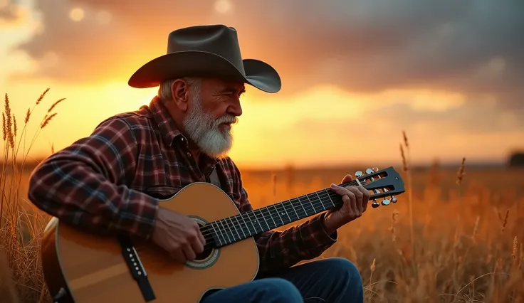 (photorealism:1.2), A highly detailed and realistic image of a old cowboy playing an acoustic guitar in the open countryside at sunset, wearing a classic wide-brimmed hat and a plaid flannel shirt, his expression serene and focused, warm golden light casti...