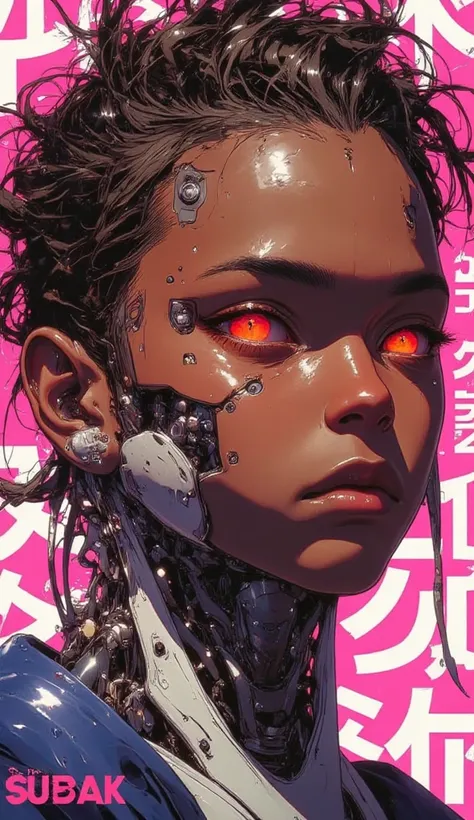 cyberpunk, cyborg, a young African Boy cyborg, Cute small round shaped face, wild short dread locs, glowing red eyes, light brown skin color, looking straight forward, front of face, serious gaze. mechanical circuitry implanted in the face. visible cyberne...