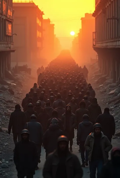 Photo 10:

describe:  A large crowd is migrating through a desolate scene,  with rubble and dim light . These people are homeless ,  seeking shelter .
Color:  Yellow-orange of sunset ,  red of fire , gray of ashes .