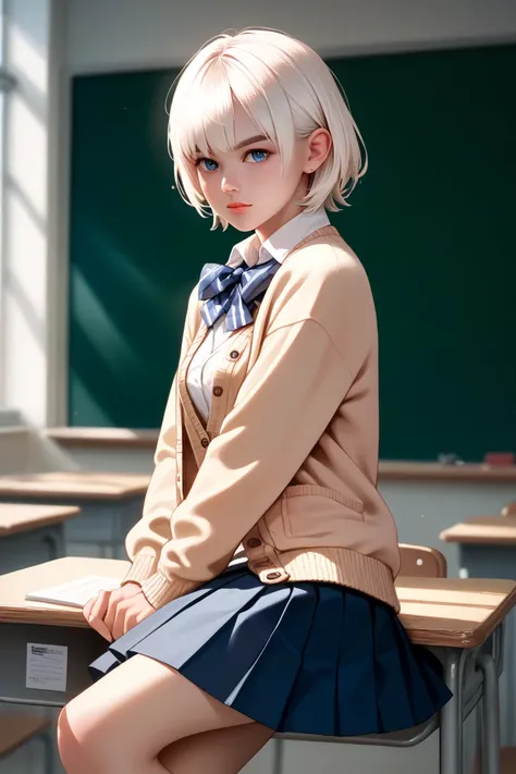 officer（doaxvv),  cardigan with hands, classroom,  take off my clothes,  skirt,  ruffle knee-high ,  score_9,  score_8_ up the side,  score_7_ up the side, zPDXL3