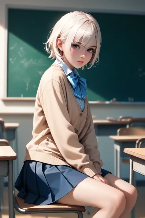 officer（doaxvv),  cardigan with hands, classroom,  take off my clothes,  skirt,  ruffle knee-high ,  score_9,  score_8_ up the side,  score_7_ up the side, zPDXL3