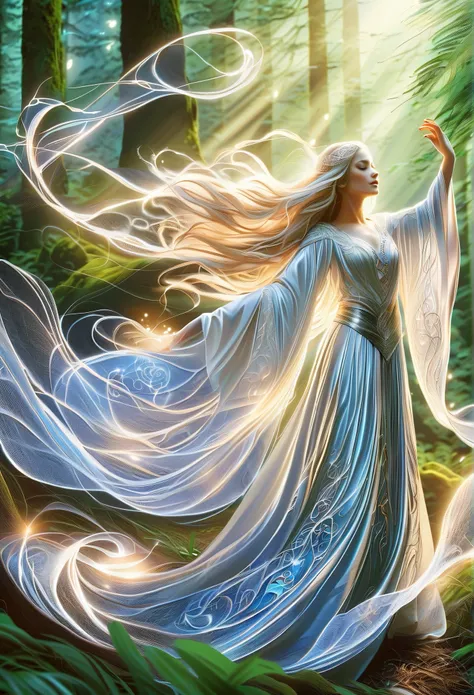 ( top quality,4K,8k, high resolution, Masterpiece:1.2), Super Detail, ( is present,photo is present,photo- is present:1.37), in the heart of the magic forest, shrouded in moonlight passing through her upper canopy , the forest stands . she is an elf ma...