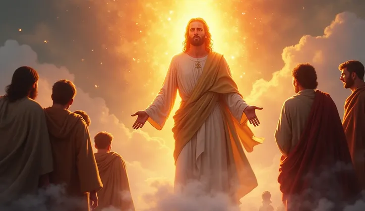 Imagine a realistic digital illustration in HD: Jesus, in transfiguration, with eyes as red as fire and a face radiant as the sun. His robe shines brightly, reflecting the purity of the snow. On his right side, Elijah and on his left, Moses, represent soul...