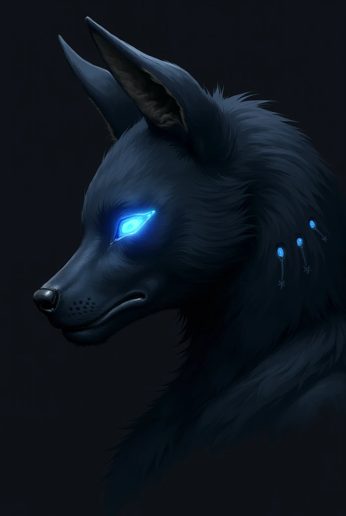 A 2D image of the side of a protogen furry's face with black fur and dark blue lights