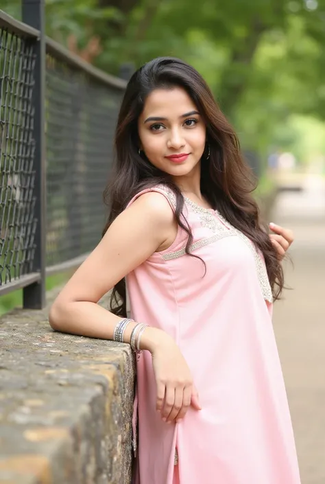 A young idol face indian woman with long, loosely black and brown hair is leaning against a stone wall in an outdoor setting. She is wearing a light pink, embroidered traditional outfit, accessorized with silver jewelry, including bangles and earrings. Her...