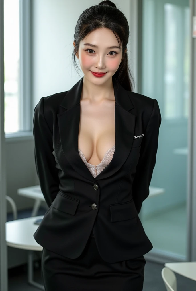 ultra detailed,absolutely resolution,detailed beautiful face and eyes,hyperrealistic,raw photo,Japanese beautiful Young woman,25 yo,ponytail,embarrassed Smile,be in heat,gleaming tan skin,black Business suit,pencil skirt,black tights,natural large breasts,...