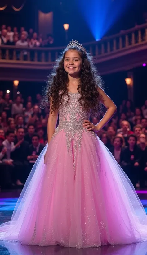 A young girl, with a bright smile and sparkling brown eyes, stands confidently on the America's Got Talent stage, radiating elegance in a long, flowing princess gown that shimmers with intricate sequins and beads under the vibrant colored lights. Her curly...