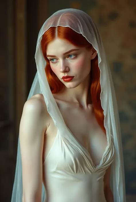 "Ultra-high definition, hyper-realistic full-body portrait of a young woman with pale, glowing skin, standing erotic and gracefully in the iconic pose of 'La Pudicizia' from the Sansevero Chapel. She is fully visible from head to toe, her body slightly lea...