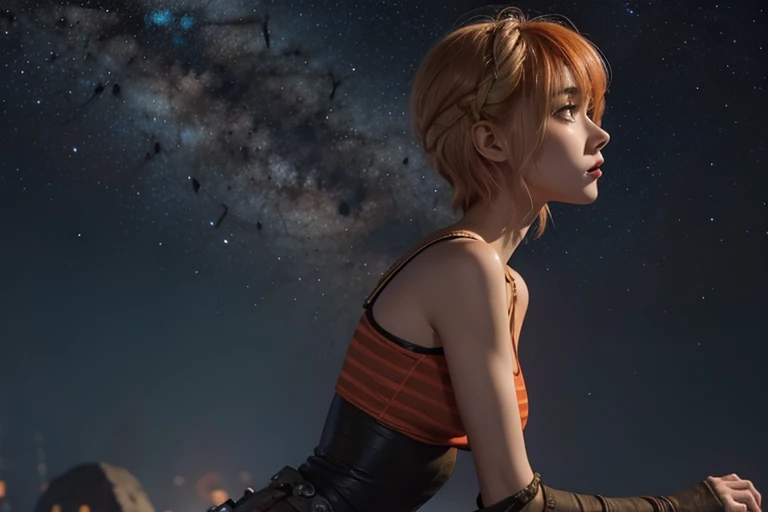 Astrid,  short hair ,  orange hair, Red bra,  Thin body ,  small bust,  in profile,  Full body , short,  black tights ,  starry sky, milky way