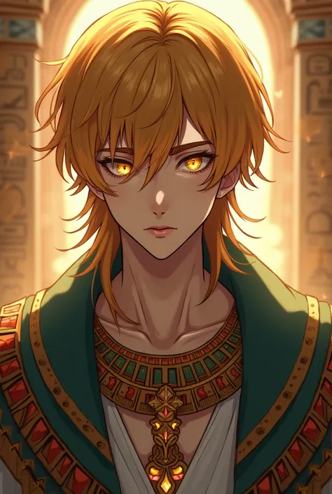 An anime man with smooth yellow hair and golden eyes wearing Egyptian clothes.
