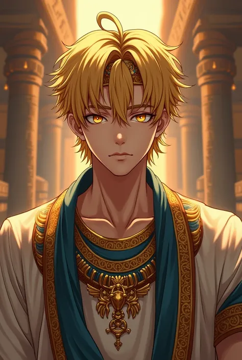 An anime man with smooth yellow hair and golden eyes wearing Egyptian clothes.
