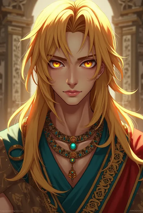 An anime man with smooth yellow hair and golden eyes wearing Egyptian clothes.
