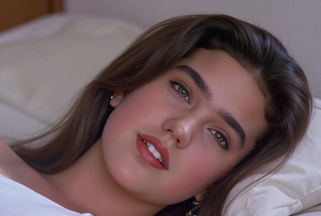 ( Masterpiece,  top quality:1.5), 
 1 girl,  alone,  19-year-old Jennifer Connelly, 
Bust, Horizontal view , Side view,   turning her face to the viewer 、Her beautiful profile .,I'm closing my moisturized eyes half way and opening my mouth sensually, Dange...