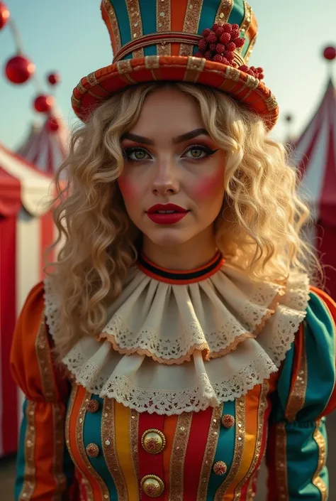 Very beautiful woman with curly blonde hair dressed as clowns and in the background a circus canvas