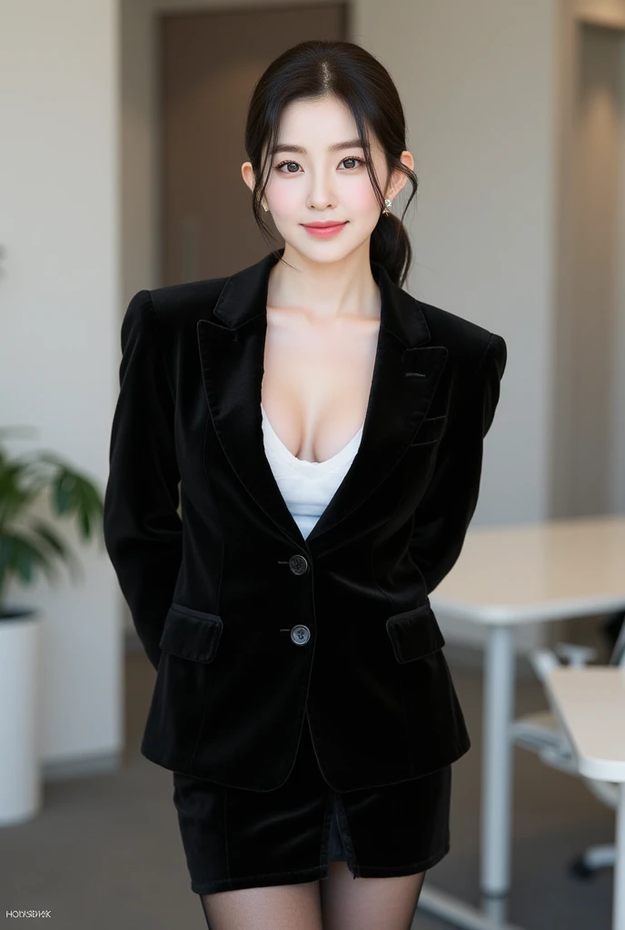 ultra detailed,absolutely resolution,detailed beautiful face and eyes,hyperrealistic,raw photo,Japanese beautiful Young woman,25 yo,ponytail,embarrassed Smile,be in heat,gleaming tan skin,black Business suit,pencil skirt,black tights,natural large breasts,...