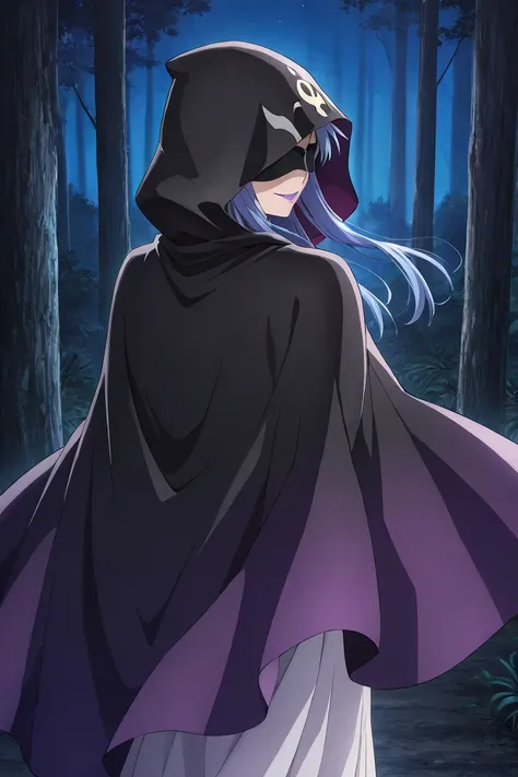 high resolution, masterpiece, necessary, detail, best quality, quality, necessary, details, High details, Precise, 
 
1girl_ ufotable style, ufotable anime, 

medea (fate), blue hair, purple lips, long hair, covered eyes, black choker, hooded cloak, hood u...