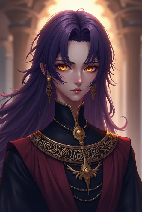 An anime man with smooth purple hair and golden eyes wearing Egyptian clothes.
