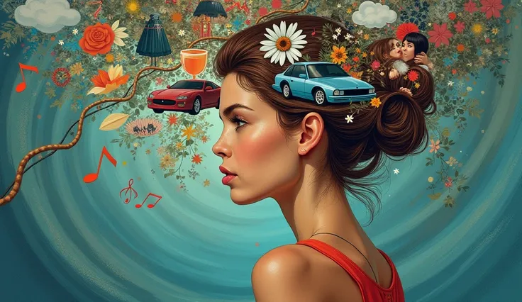 A woman thinking about several different things,  several images next to your head,  musical notes , food, drinking glass, cigarette, cars, , Family, With the background a DNA 