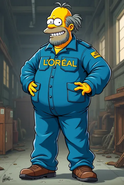 Make an image of Cletus the Simpsons wearing a maintenance jumpsuit that says L'Oréal 