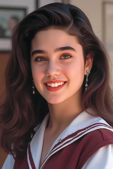 ( Masterpiece,   top quality:1.3),   photorealistic,   Upper Body Shots ,    15-year-old Jennifer Connelly , vibrant ,Mr.々 cute school uniform and cute smile,  reddish face with a light tan ,  big breasts, Small waist,  Broad shoulders,  slender neckline  ...