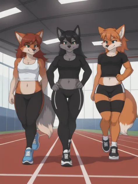 Furry, fox, wolf, girls, female, friends, trio, competition, black shirt, black spandex bike shorts, shoes, indoor running track, competition, full body