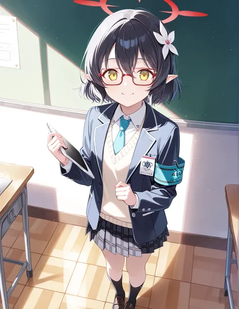 Masterpiece, hd, solo, realistic, best quality, from front, blue archive, ayane, blue archive character, abydos school, smile, happy,yellow eyes,short hair,black hair, red glasses, square shape glasses frame, pointy ears,hair flower ornaments, red halo,bla...