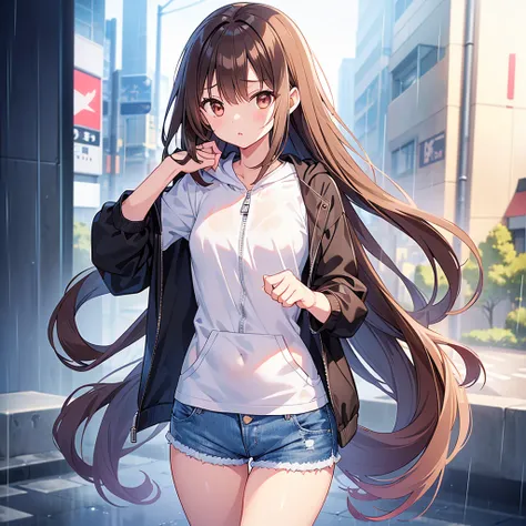 (( Masterpiece, top quality;1.3, Best Illustration )),cowboy shot,1 Female、25 year old beauty、Alone,((  very small head :1.5)), thick brown hair, long hair,bangs, brown eyes, beautiful eyes,, small breasts,((Very long body:1.3)),(( tight body , slender bod...