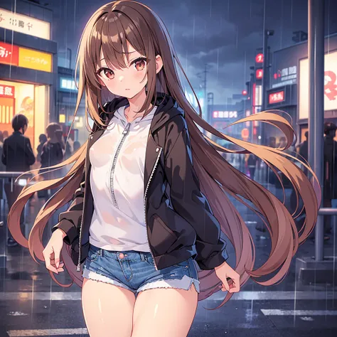 (( Masterpiece, top quality;1.3, Best Illustration )),cowboy shot,1 Female、25 year old beauty、Alone,((  very small head :1.5)), thick brown hair, long hair,bangs, brown eyes, beautiful eyes,, small breasts,((Very long body:1.3)),(( tight body , slender bod...