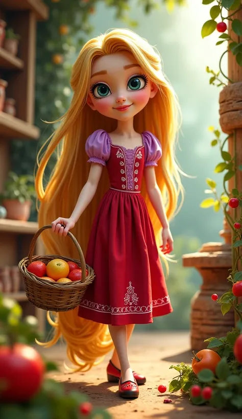  with big eyes and long hair    ,   Cute face wearing a red dress    ,  .  .  Rapunzel's character walks. She's holding a basket of fruit, standing at home and doing it.