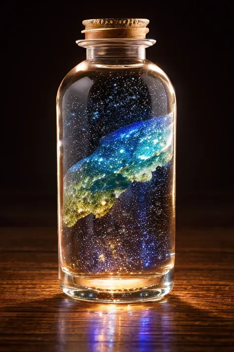 ​masterpiece、 top quality、（A very delicate and beautiful starry sky scene trapped in a bottle）、 World Masterpiece Theater、High resolution equirectangular projection、 top quality、Awareness-raising、 impasto 、canvas、 oil、 realism、 is present