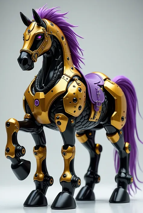 A black mechanical horse mashed with a mechanical Voltron horse. Black Head. Gold body. Black mechanical legs. Giant black mechanical hooves. Gold armor ordained with black attributes.  Purple saddle. Purple helmet. Purple mane and tail. Full body shot. Fr...