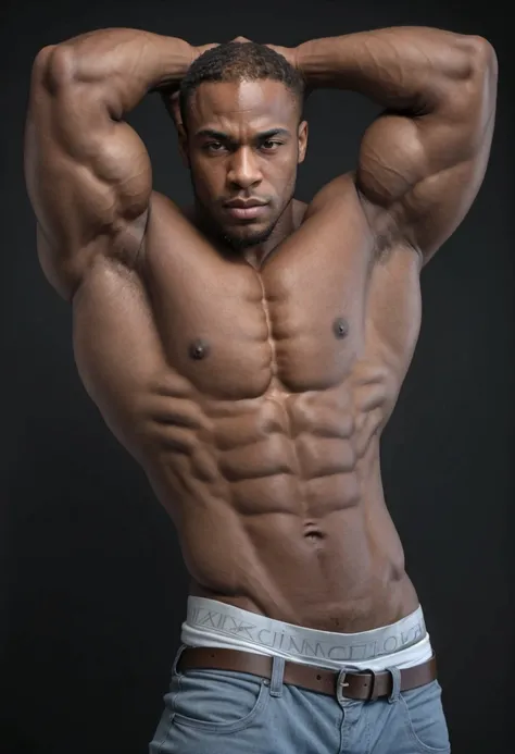 a close up of a handsome and manly 25-year-old man of African American origin posing with his hands on his head,  muscular build , bodybuilder physique, crushed, bodybuilder, scratched, bodybuilder body, cuerpos  musculars,  exaggerated physique , cuerpo  ...