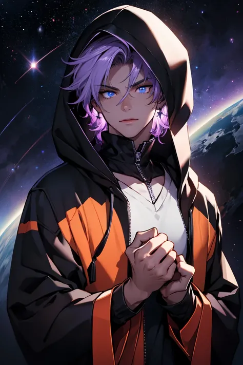 black Hood, boy, masculine character, in galaxy scenario, stars, purple and Dark background, Alone, dark hair, Hands with bright glowing veins, glowing veins in the eyes shining. Cosmic Scenario, Heterochromy, lilac eye and Topazil blue eye.