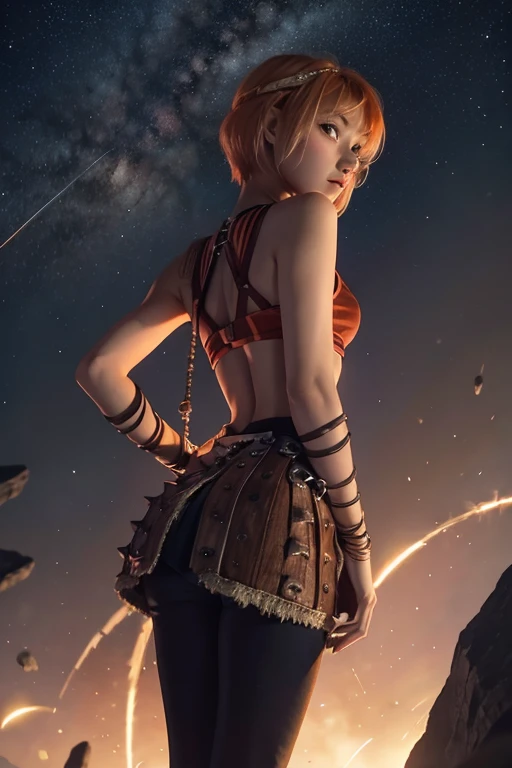 Astrid,  short hair ,  orange hair, Red bra,  Thin body ,  small bust, FROM BACK,  Full body , short,  black tights ,  starry sky, milky way