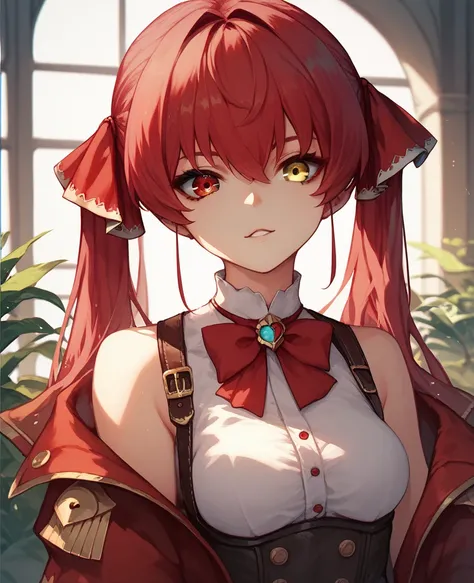 marine houshou, red hair, twintails, heterochromia, red eyes, yellow eyes, hair ribbon,