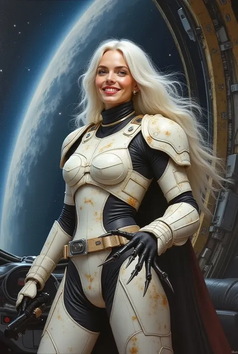 Oil painting of white long haired  and smiling Anne Hathaway wearing a white, beige and black Star Wars inspired scruffy armor with claws in the cabin of  a big spaceship in deep space and piloting holding a jostick