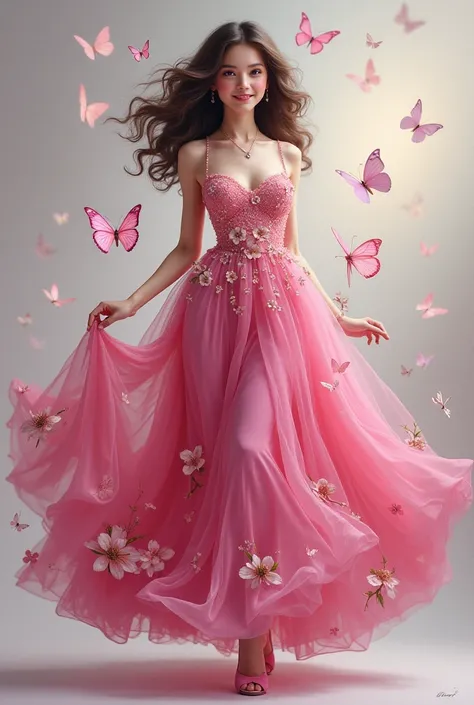  Creates a beautiful professional full body painting of a  girl, very white skin, european, dark brown curly hair, wearing a long fuchsia dress with flowers and butterflies with boleros on the edges,  With high heels,  she looks at the camera with a cheerf...