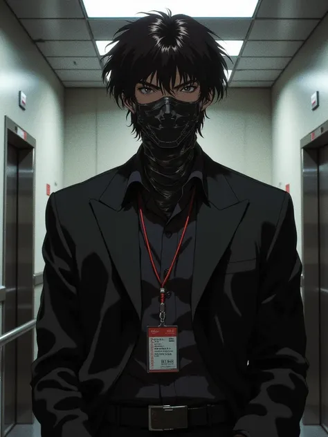 Asian boy in a black suit, in a black shirt,  with a black mask all over his face, he has an Asian eye shape and black hair,  with a drawstring badge around the neck, in the office, about two elevators 