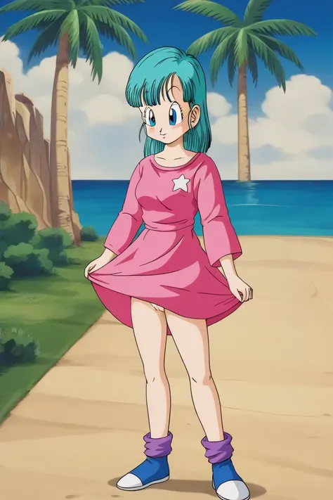   source  _animated,  score_9,  score_8_arriba,  score_7_arriba, animated screencap, 
Bulma \(dragonball\), 1 girl,  nude, full naked, standing,  open legs, separated,  Alone , drawing, ashamed, pajamas,  collarbone, Blue eyes, , blue shoes, dress, Aqua Ha...