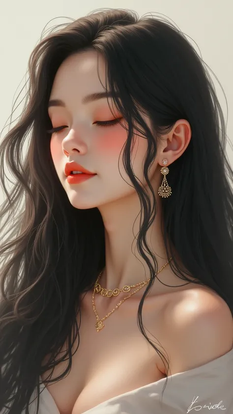 Long Hair, Earrings, Smile, Closed Eyes, Closed Mouth, Simple background, Jewelry, Sparkle, Impressionism, 