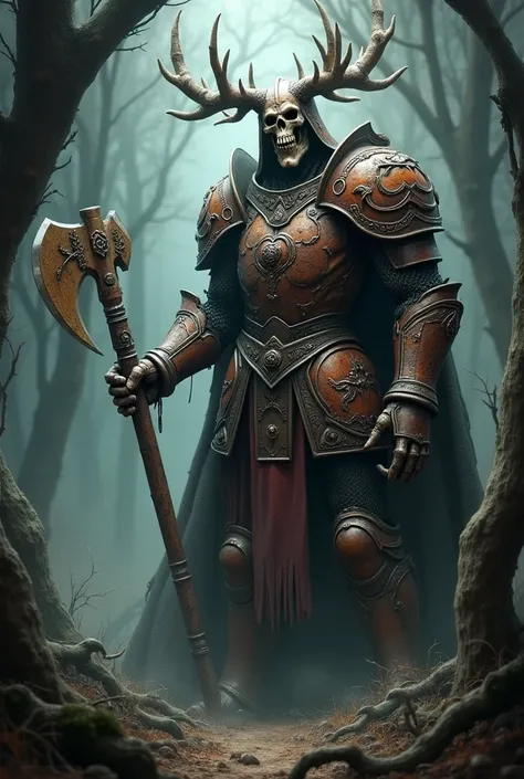 a tall undead forest knight in ancient rusted armor, and a helmet that looked like a beast with antlers  welding a big battle axe, surrounded by a dark forest  