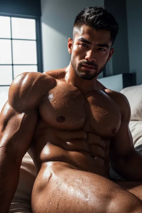 a 23 year old japanese bodybuilder, beautiful detailed eyes, beautiful detailed lips, extremely detailed face and body, hairy chest, extremely sweaty, laying on bed, realistic, photorealistic, photo-realistic:1.37, (best quality,4k,8k,highres,masterpiece:1...