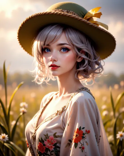   Her deep blue eyes and , has curly silvery hair , vivid portrait of an energetic young woman in clothes . Her face shows curiosity and mischievousness . colorful floral patterns that complement the contrasting colors is paired with a , wide-brimmed moss ...