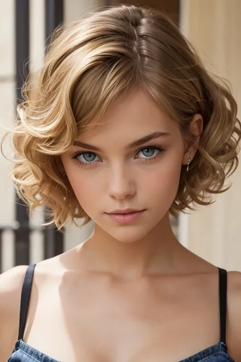 fille de face, curly short blond hair.