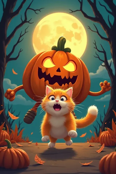 create a cute cat animation with a scared expression being chased by a pumpkin monster