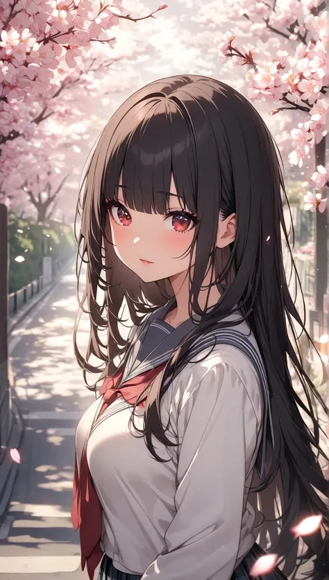  portrait,  spring、Sakura-lined road、Cherry blossoms fluttering down:1.3、 bokeh processing、Hold down the windswept hair with your hands、、 school uniform、 cardigan with hands、 check skirt,、(1 person, cute young woman,  medium breasts, black hair、  long hair...