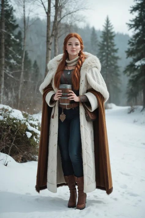 A full body image of a female Viking wearing a winter cloak with a clasp across her neck.