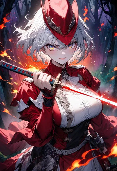 ((Female, red mage, serious face, holding the hilt of a sword with a red glowing and flaming blade in her right hand, red robes, silvery white hair, red cowboy hat, in the forest, moonlit night))),(masterpiece: 1.2, highest quality),(colorful background)(d...