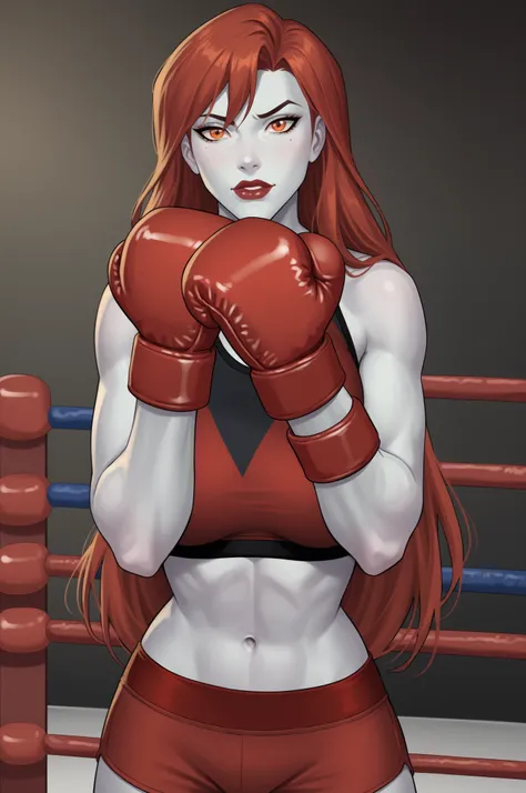 PonyXLV6_Scores BREAK (perfect anatomy, perfect eyes), BREAK mgann morzz, long hair, red hair, colored skin, white skin, orange eyes, makeup, lipstick, flirting, raised eyebrow, ((looking at viewer)), superhero, black and red boxing gloves, black and red b...