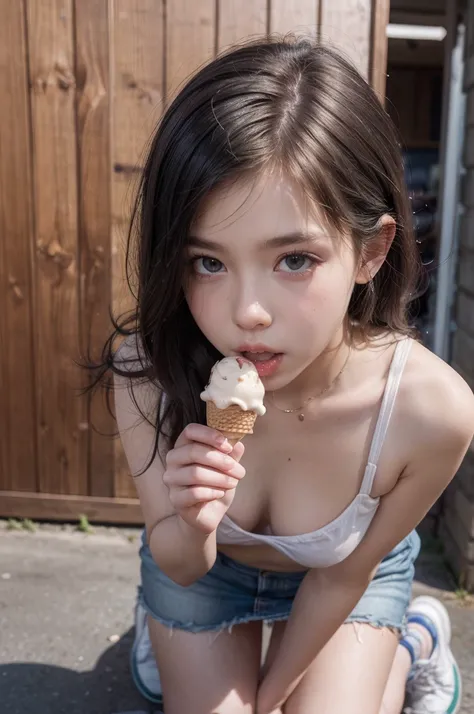 sassy girl (tween) In miniskirt  ,   kneeling sucking ice cream ,  the eladonlon has an old man,  standing in front of the girl ,  and she gives it a sensual mother , The ice cream has a condom 